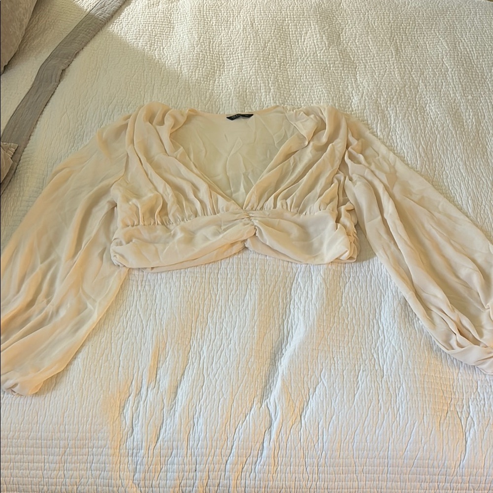 SHEIN Cream Ruched Long Sleeve Crop Blouse